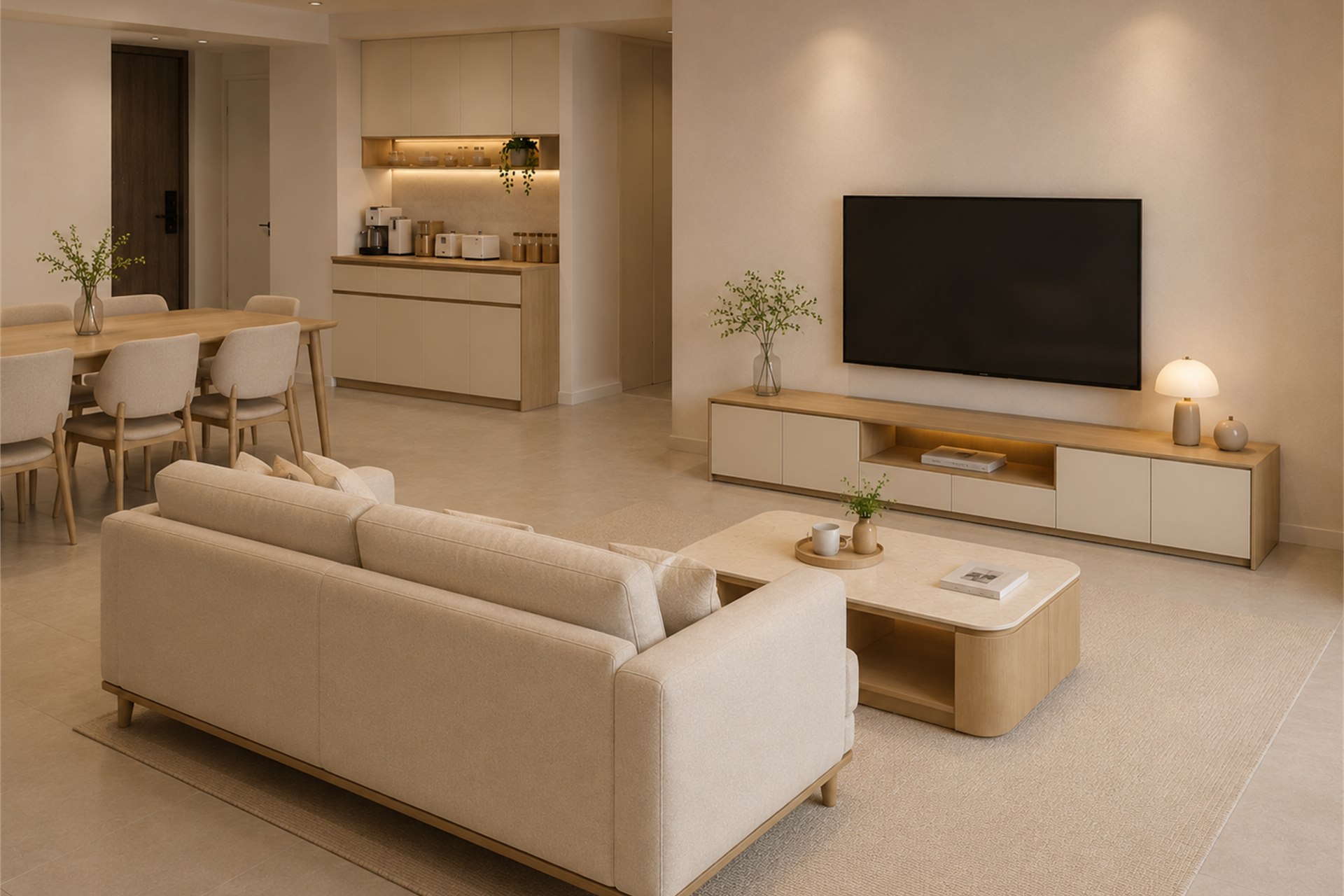 Warm minimal living room furniture proposal by ZOMO